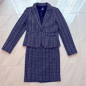 Ann Taylor blazer skirt suit in classic black and white tweed.